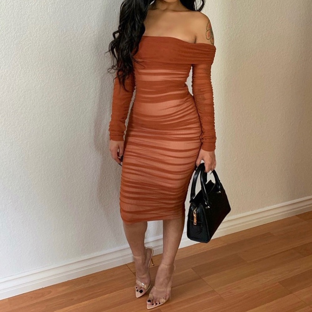 Cream orange off shoulder mesh dress
